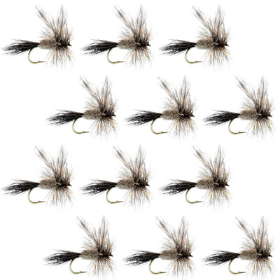 Set of 12 Adams Irresistible Classic Dry Flies for trout, size 14, by The Fly Fishing Place, featuring realistic fly fishing hooks.