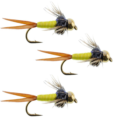 Set of three hot yellow copper John nymph trout wet flies with hooks size 10 for fly fishing by The Fly Fishing Place.