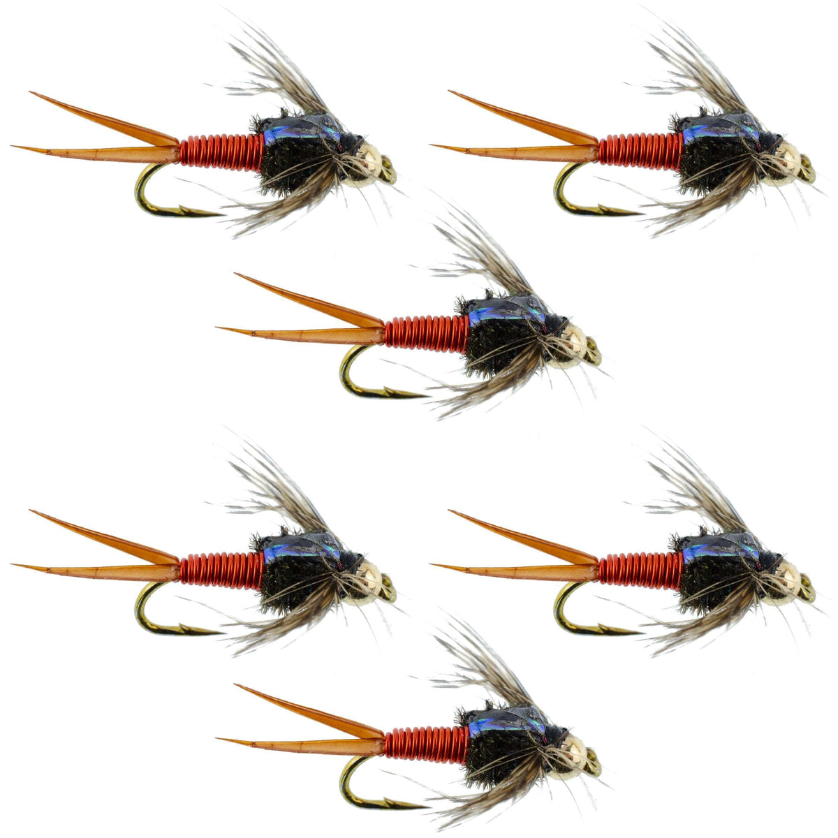 Six Bead Head Hot Orange Copper John Nymph trout wet flies with hooks size 12 by The Fly Fishing Place