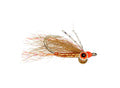 Small fishing lure with a red and gold body on a white background