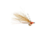 Fishing fly with brown body and red eye on a white background