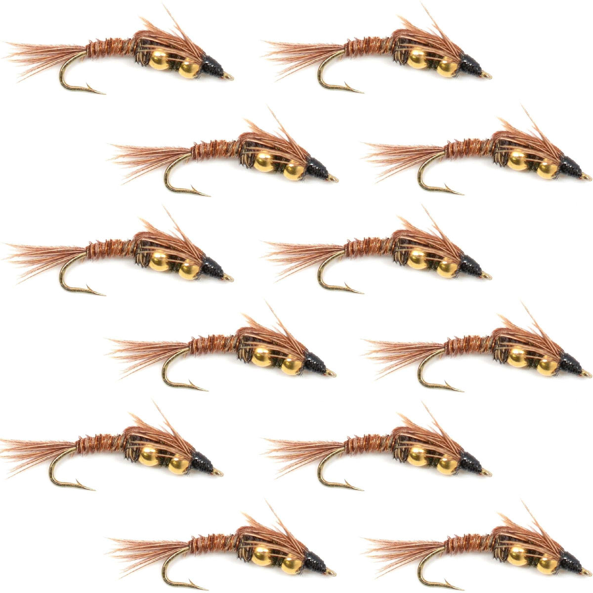 Set of 12 double bead pheasant tail nymph flies for trout fishing, size 14, with detailed pheasant tail and bead accents.