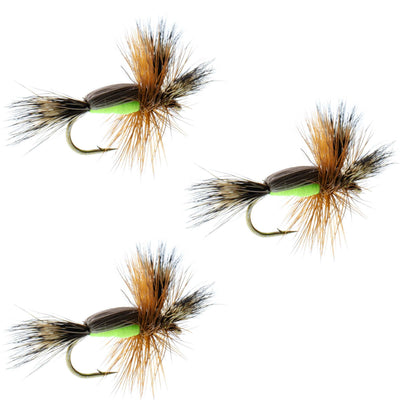 Set of three chartreuse Humpy dry fly fishing flies with hair wing and hook size 16, designed for trout fishing.