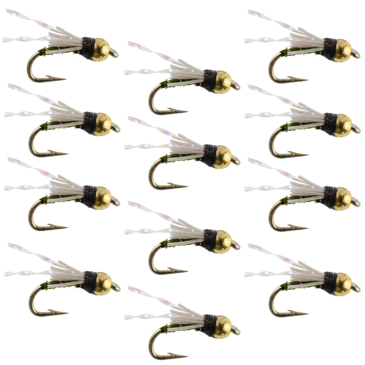 Set of 12 Beadhead Olive 3 Dollar Dip Nymph trout wet flies, size 18, designed for fly fishing by The Fly Fishing Place.