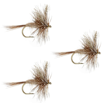 Three March Brown Classic Dry Flies in size 14 for trout fishing, featuring detailed hooks and realistic insect patterns.