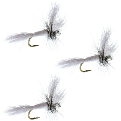 Three pack of white Wulff classic hair wing dry flies with size 12 hooks for fly fishing, by The Fly Fishing Place.