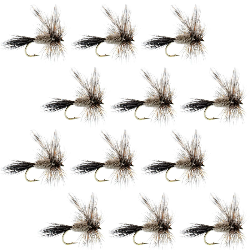 Set of 12 Barbless Adams Irresistible Classic Dry Flies for trout fishing, size 12, by The Fly Fishing Place.