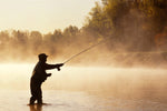 Three Pale Morning Dun PMD Classic Dry Flies size 14 for trout fishing, displayed in a foggy outdoor setting.