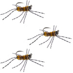 Set of 3 Pat's Rubber Legs Tungsten Nymph flies in coffee and tan colors for trout fishing, size 6 Euro nymph wet flies.