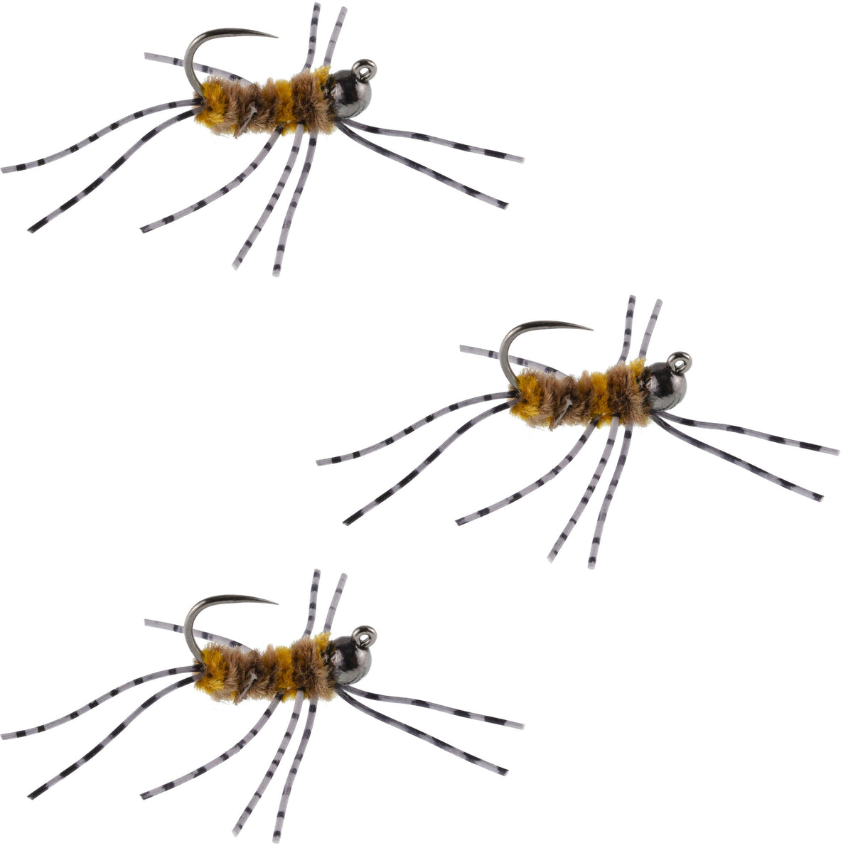 Set of 3 Pat's Rubber Legs Tungsten Nymph flies in coffee and tan colors for trout fishing, size 6 Euro nymph wet flies.
