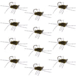 Set of 12 dark olive rubber leg tungsten jig trout wet flies for nymph fishing by The Fly Fishing Place.