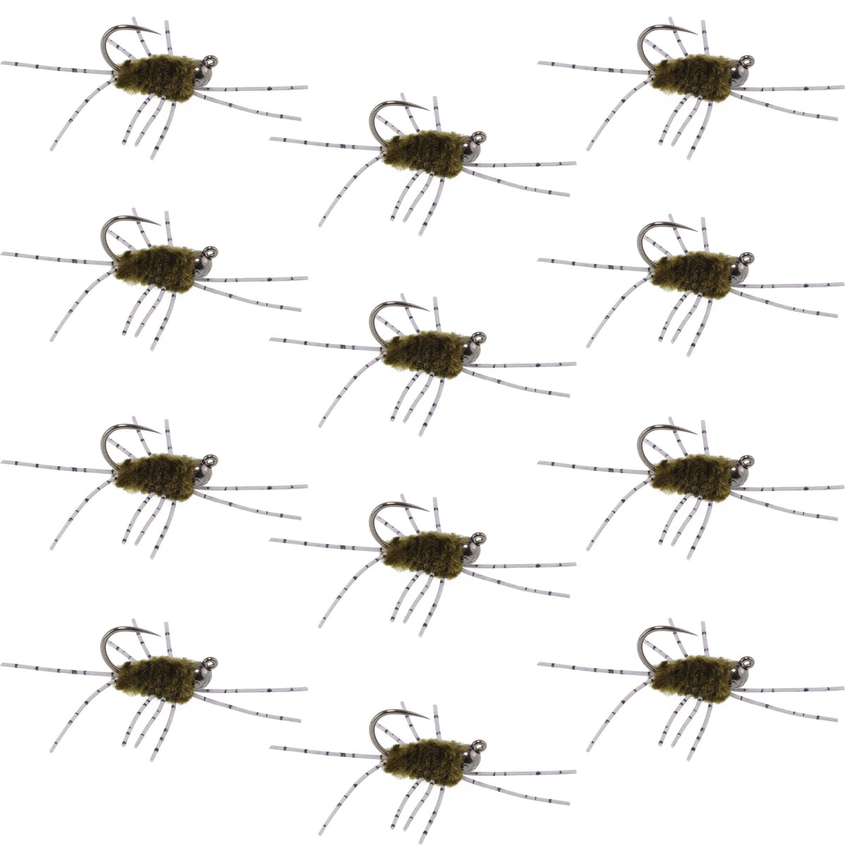 Set of 12 dark olive rubber leg tungsten jig trout wet flies for nymph fishing by The Fly Fishing Place.