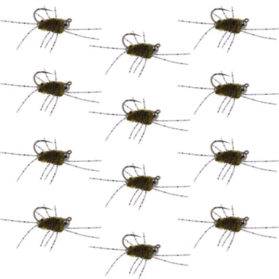 Set of 12 dark olive rubber leg tungsten jig trout wet flies for nymph fishing by The Fly Fishing Place.