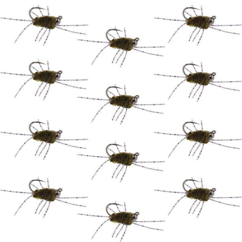 Set of 12 dark olive rubber leg tungsten jig trout wet flies for nymph fishing by The Fly Fishing Place.