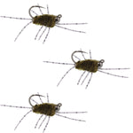 Set of three Pat's Rubber Legs tungsten jigged dark olive Euro nymph flies for trout fishing, size 6, by The Fly Fishing Place.