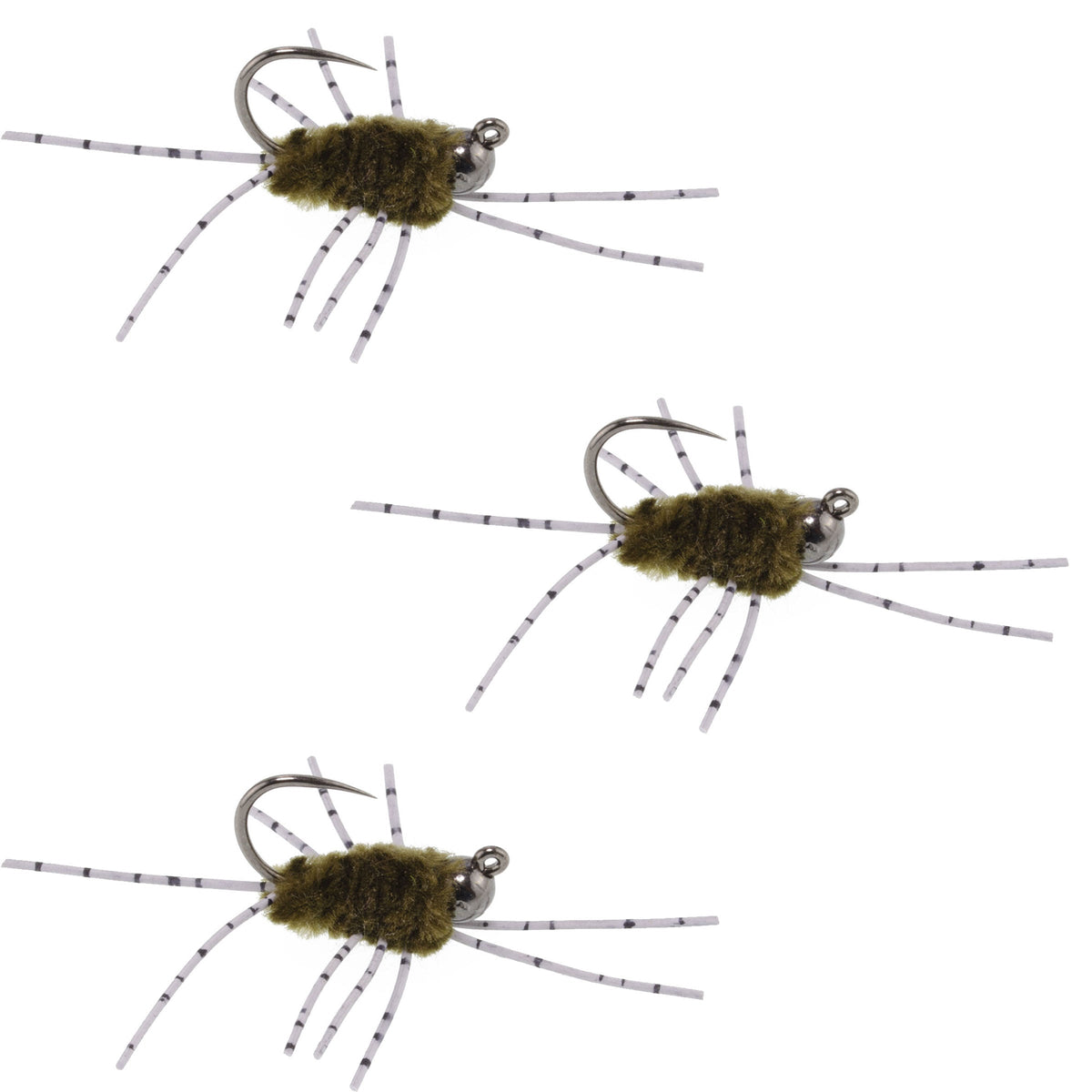 Set of three Pat's Rubber Legs tungsten jigged dark olive Euro nymph flies for trout fishing, size 6, by The Fly Fishing Place.