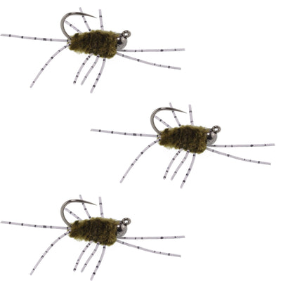 Set of three Pat's Rubber Legs tungsten jigged dark olive Euro nymph flies for trout fishing, size 6, by The Fly Fishing Place.