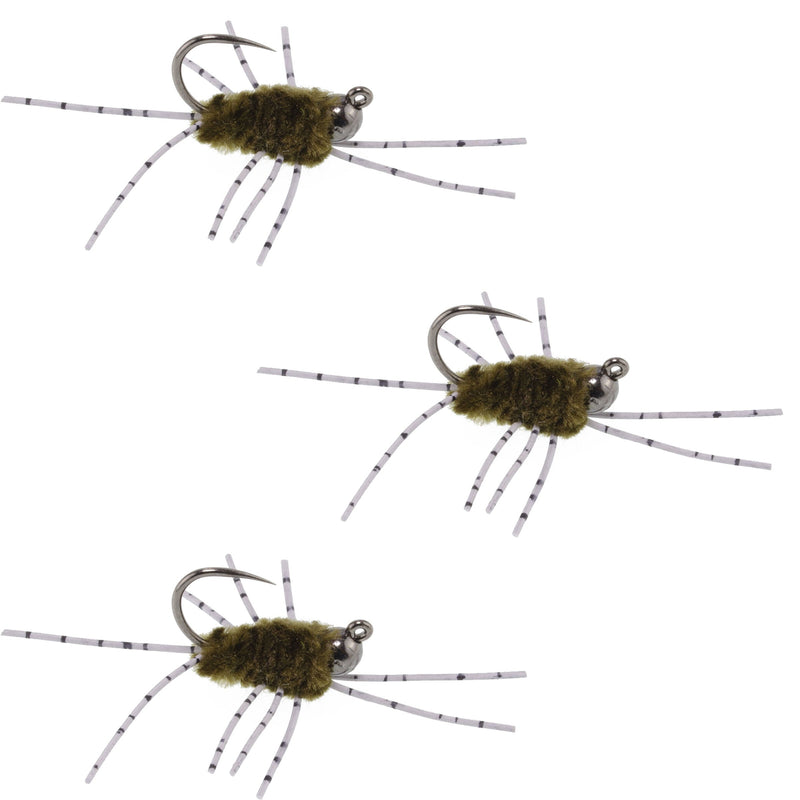 Set of three Pat's Rubber Legs tungsten jigged dark olive Euro nymph flies for trout fishing, size 6, by The Fly Fishing Place.