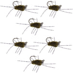 Set of 6 dark olive Pat's Rubber Legs tungsten nymph flies for trout fishing, featuring barbless hooks and realistic fly design.