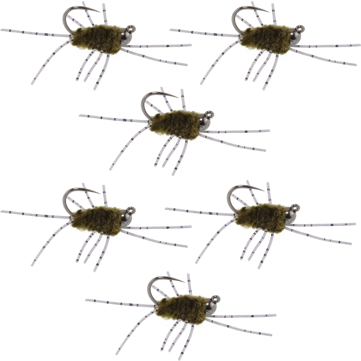 Set of 6 dark olive Pat's Rubber Legs tungsten nymph flies for trout fishing, featuring barbless hooks and realistic fly design.