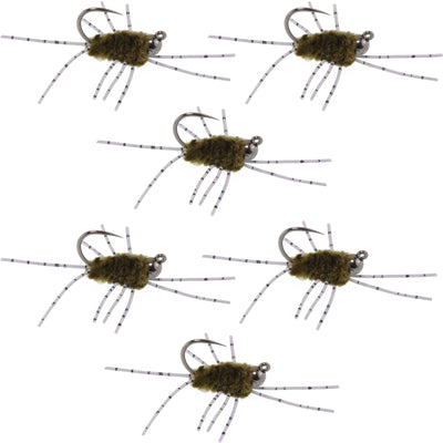 Set of 6 dark olive Pat's Rubber Legs tungsten nymph flies for trout fishing, featuring barbless hooks and realistic fly design.