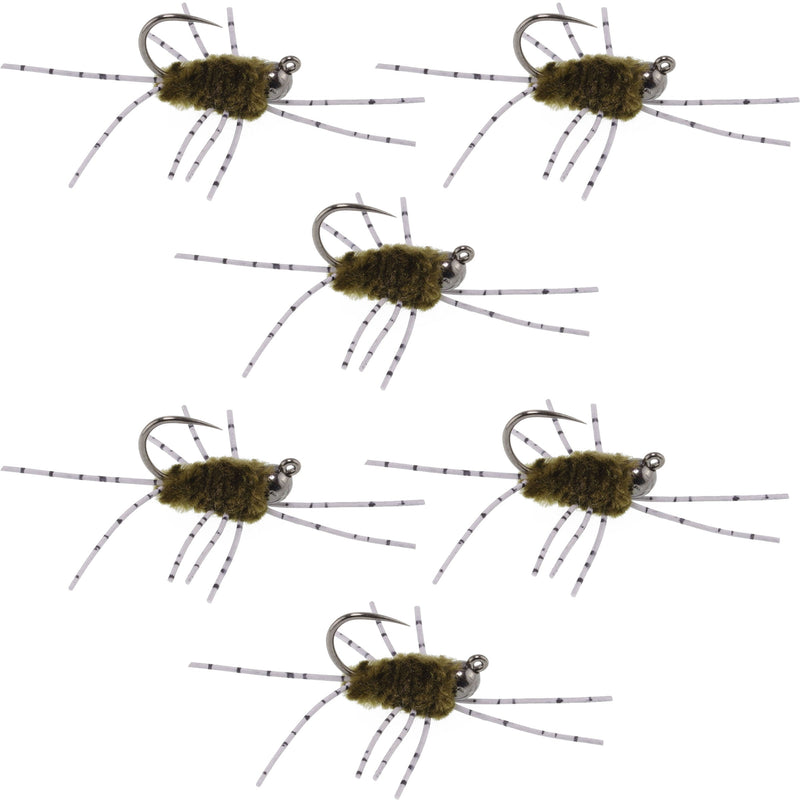 Set of 6 dark olive Pat's Rubber Legs tungsten nymph flies for trout fishing, featuring barbless hooks and realistic fly design.