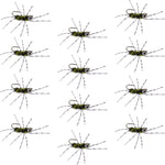 Set of 12 Pat's Rubber Legs tungsten jig trout wet flies in black and olive with barred rubber legs, size 6 for euro nymph fishing.