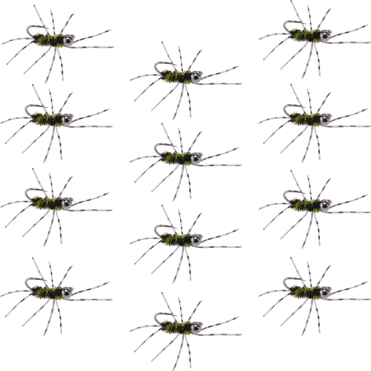 Set of 12 Pat's Rubber Legs tungsten jig trout wet flies in black and olive with barred rubber legs, size 6 for euro nymph fishing.