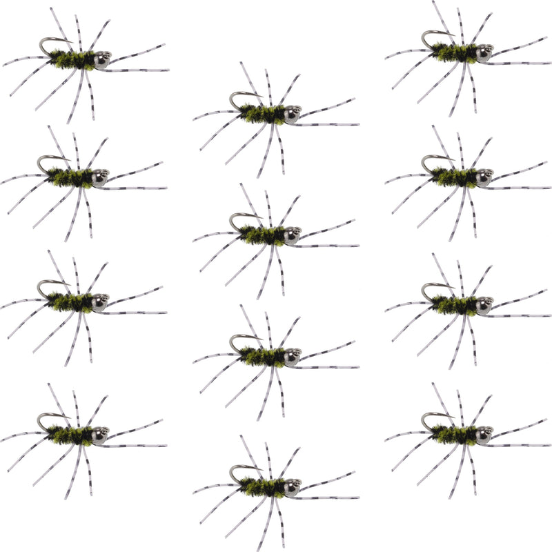 Set of 12 Pat's Rubber Legs tungsten jig trout wet flies in black and olive with barred rubber legs, size 6 for euro nymph fishing.