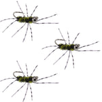 Three Pat's Rubber Legs tungsten nymphs in black and olive with barred rubber legs for trout fishing, size 6.