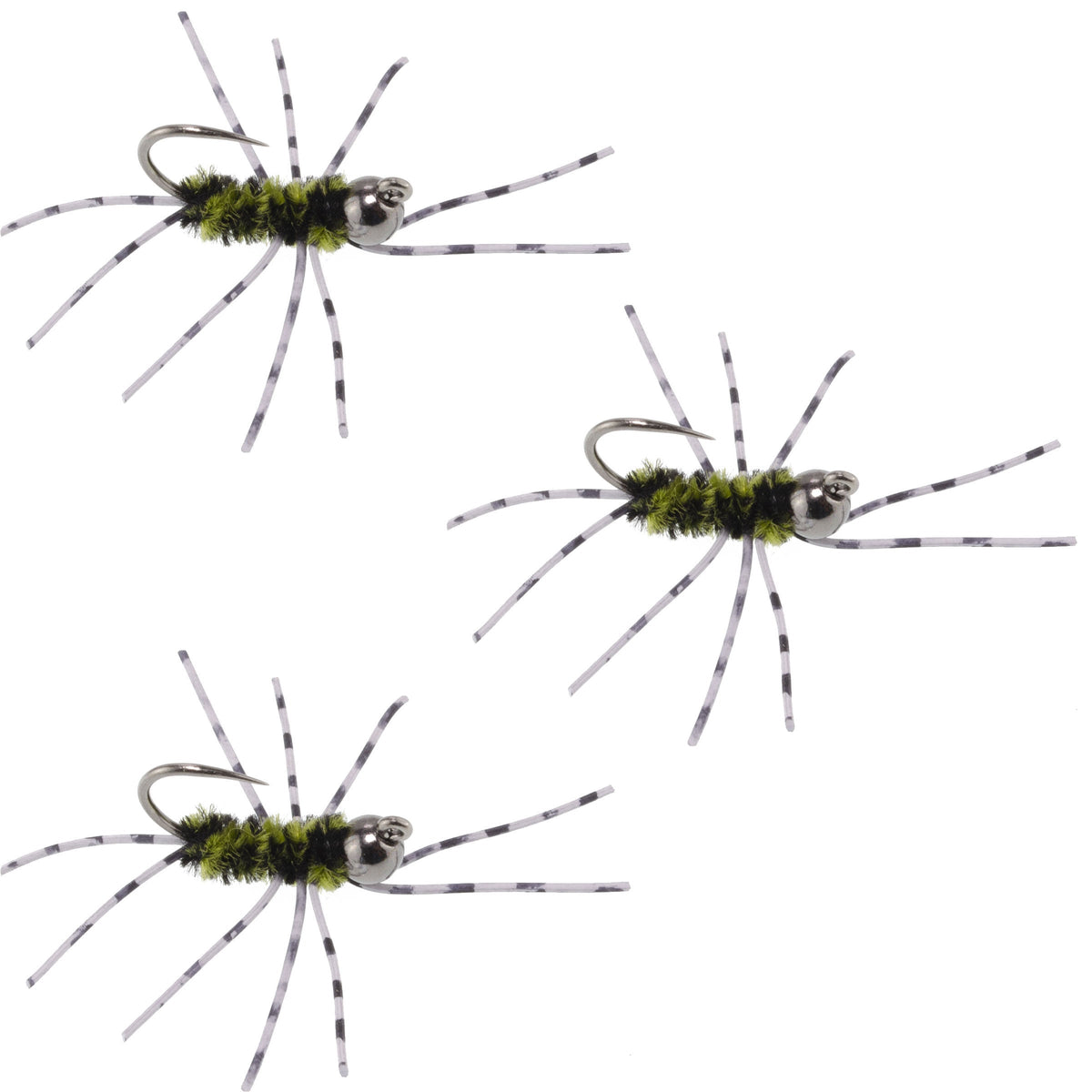 Three Pat's Rubber Legs tungsten nymphs in black and olive with barred rubber legs for trout fishing, size 6.
