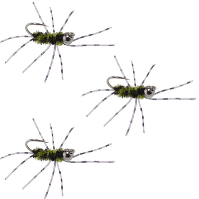 Three Pat's Rubber Legs tungsten nymphs in black and olive with barred rubber legs for trout fishing, size 6.