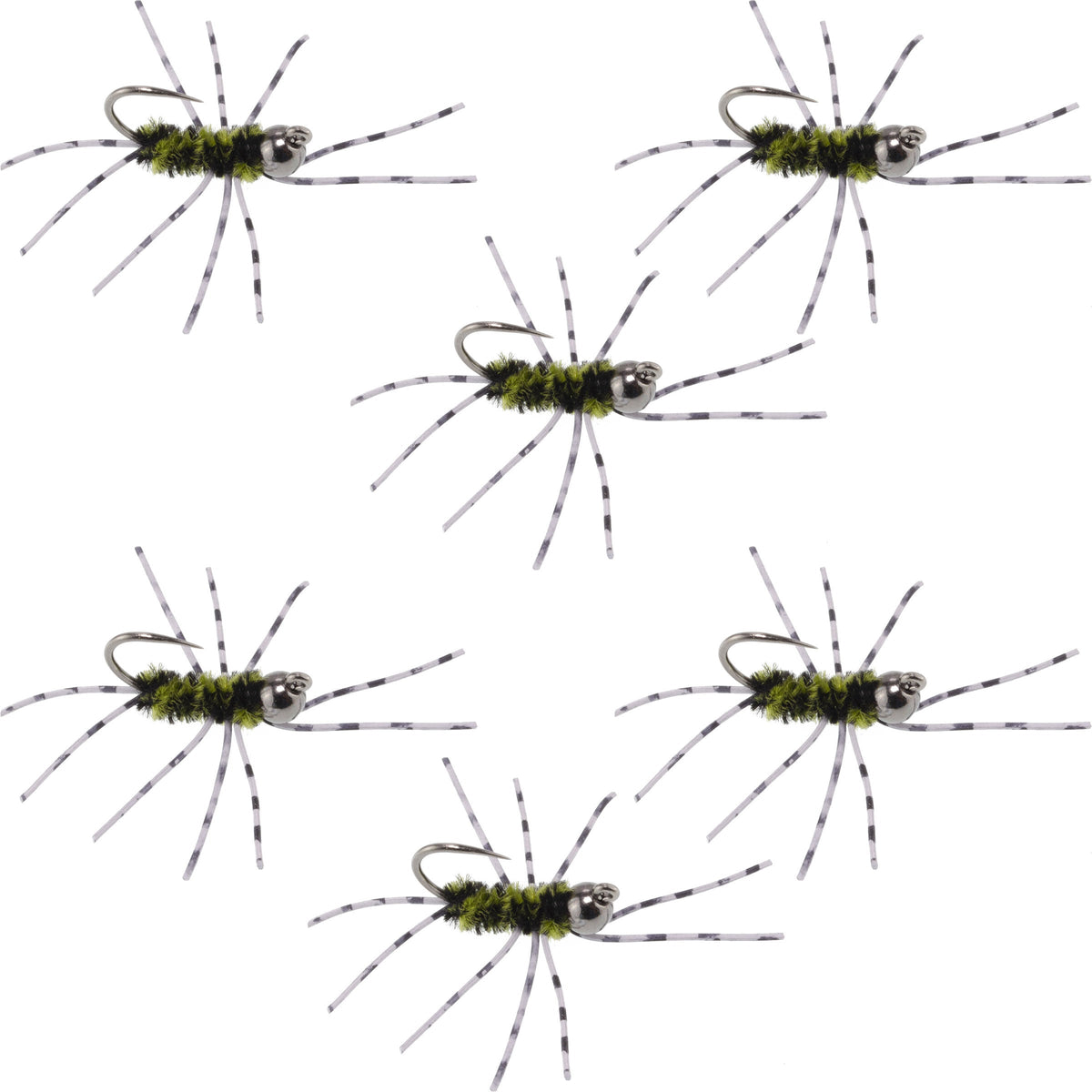 Set of 6 Barbless Pat's Rubber Legs Tungsten Nymph flies in black and olive, designed for trout wet fly fishing.