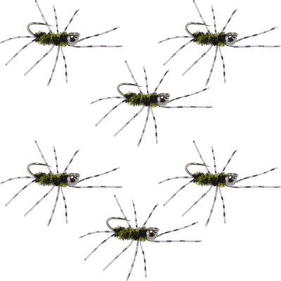 Set of 6 Barbless Pat's Rubber Legs Tungsten Nymph flies in black and olive, designed for trout wet fly fishing.
