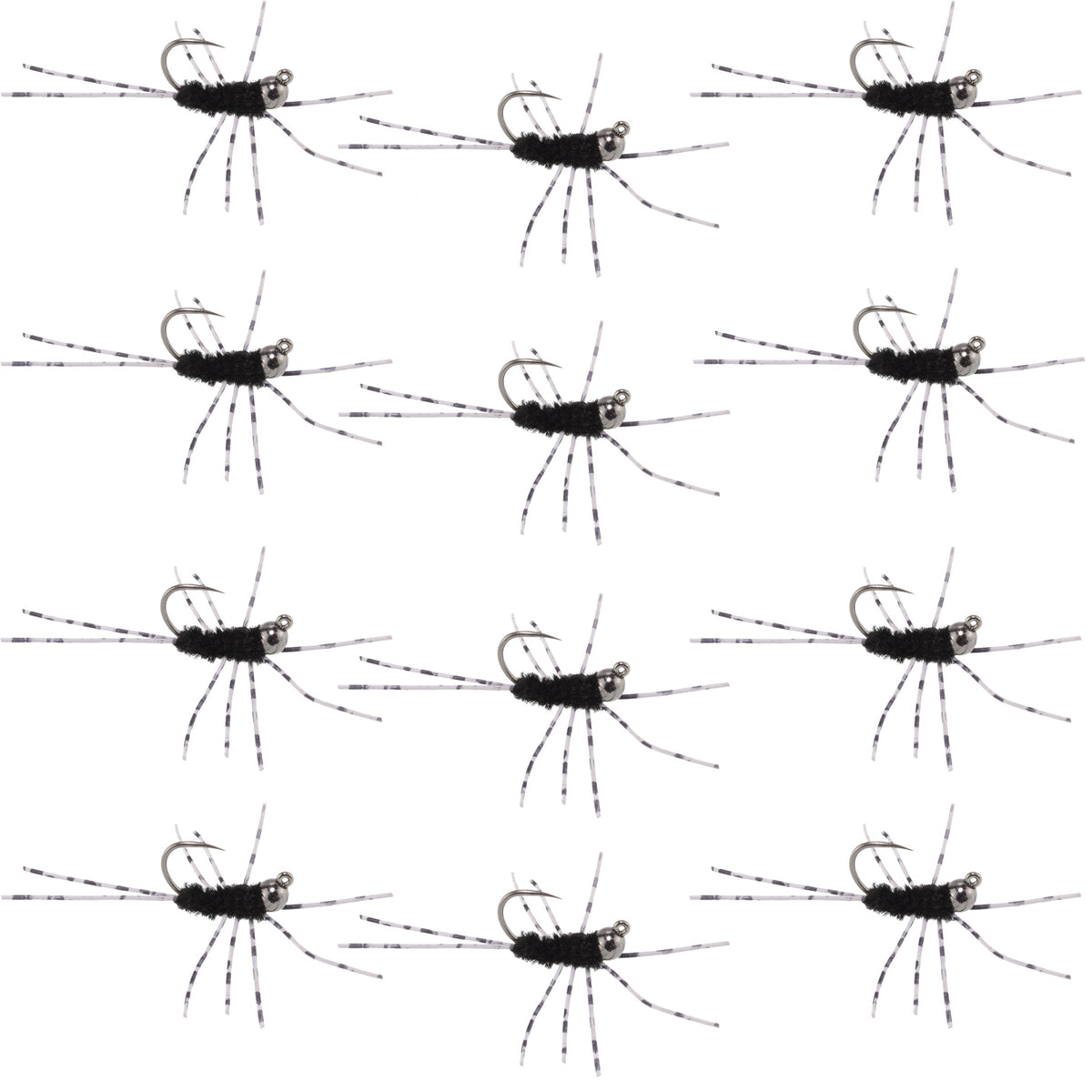 Barbless Pats Rubber Legs Tungsten Jig Black Euro Nymph 12 Flies #6