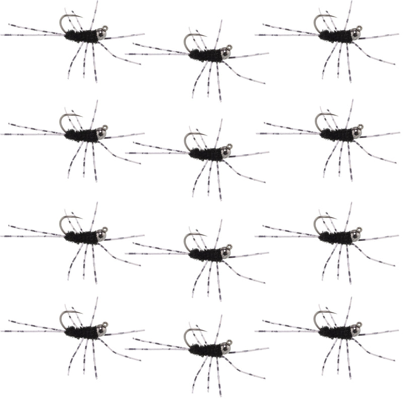 Barbless Pats Rubber Legs Tungsten Jig Black Euro Nymph 12 Flies #6