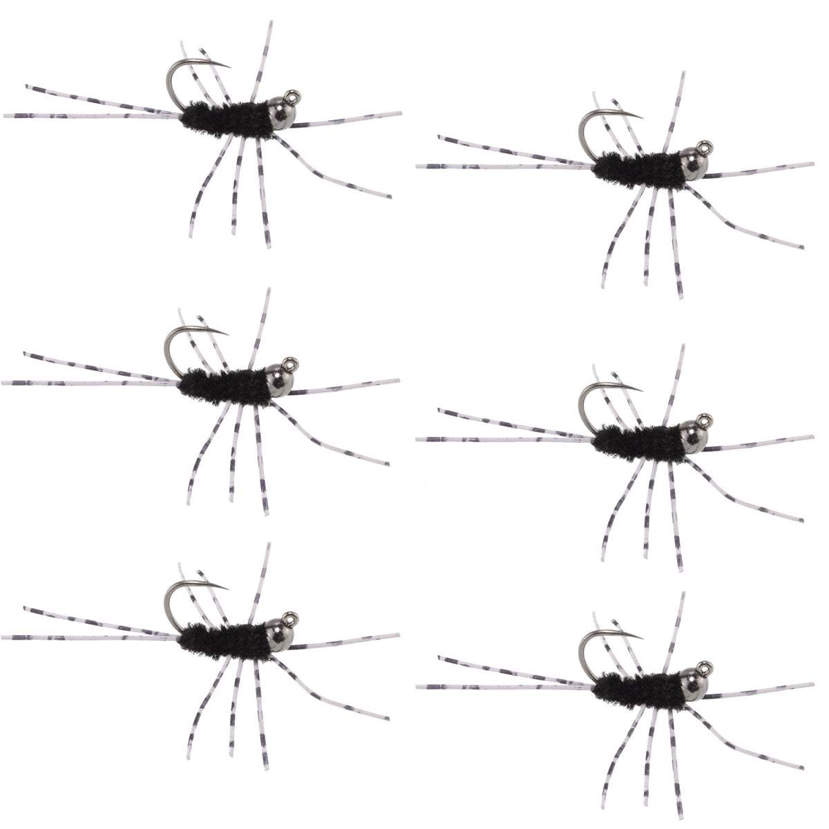 Set of six black tungsten bead trout wet flies with rubber legs for Euro nymph fishing, designed by The Fly Fishing Place.