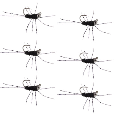 Set of six black tungsten bead trout wet flies with rubber legs for Euro nymph fishing, designed by The Fly Fishing Place.