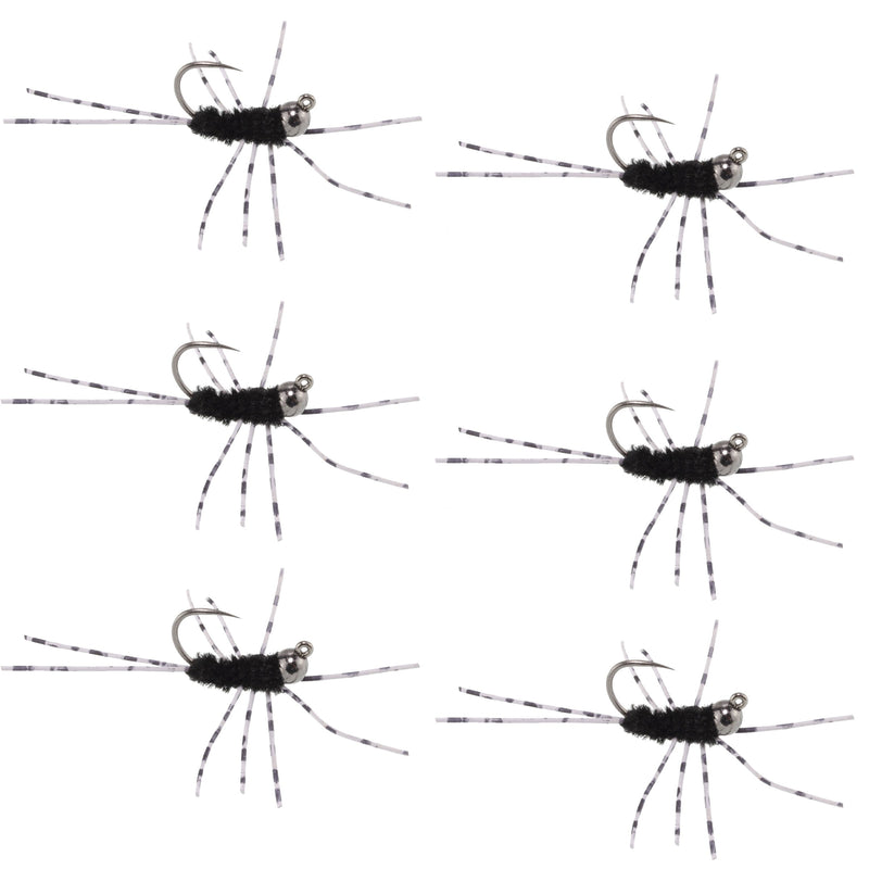 Set of six black tungsten bead trout wet flies with rubber legs for Euro nymph fishing, designed by The Fly Fishing Place.