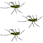 Three Pat's Rubber Legs Tungsten Jigs in black and chartreuse, size 6, designed for trout wet fly fishing.