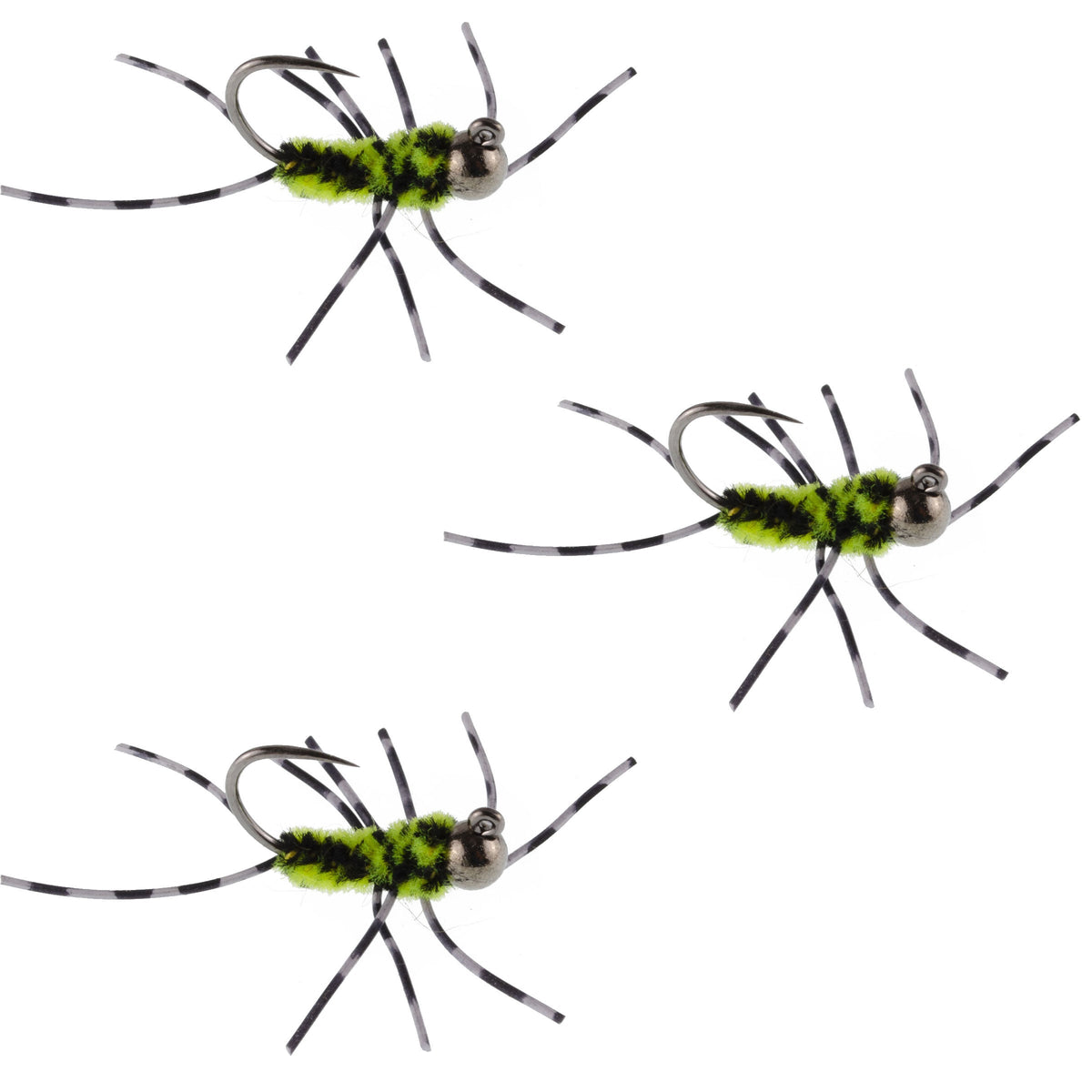 Three Pat's Rubber Legs Tungsten Jigs in black and chartreuse, size 6, designed for trout wet fly fishing.