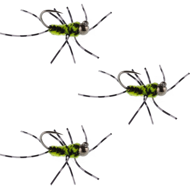 Three Pat's Rubber Legs Tungsten Jigs in black and chartreuse, size 6, designed for trout wet fly fishing.