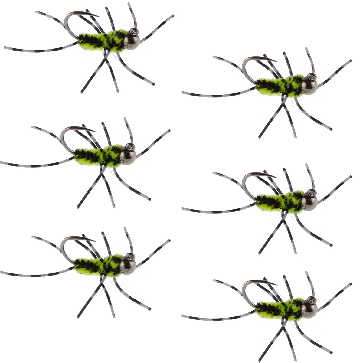 Set of 6 Barbless Pat's Rubber Legs Tungsten Euro Nymphs in black and chartreuse for trout fishing, brand The Fly Fishing Place.