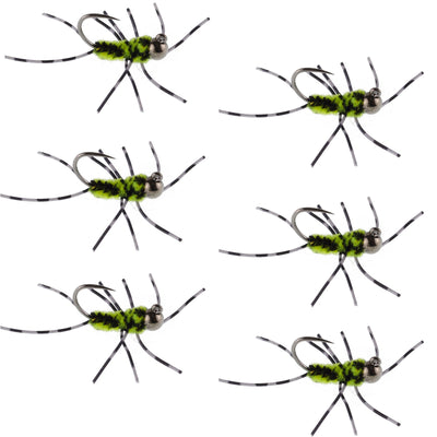 Set of 6 Barbless Pat's Rubber Legs Tungsten Euro Nymphs in black and chartreuse for trout fishing, brand The Fly Fishing Place.