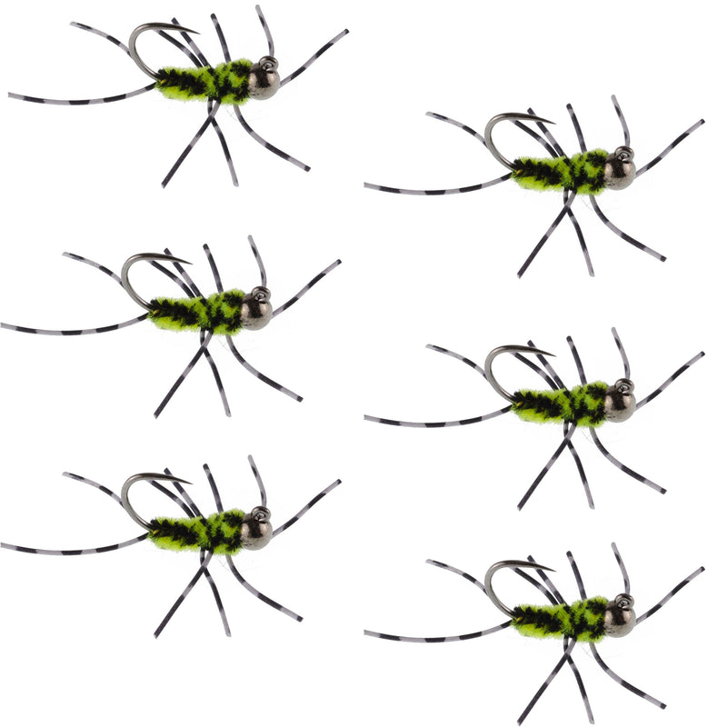 Set of 6 Barbless Pat's Rubber Legs Tungsten Euro Nymphs in black and chartreuse for trout fishing, brand The Fly Fishing Place.