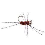 Barbless Pat's Rubber Legs Tungsten Bead Euro Nymph trout wet fly in brown with barred rubber legs, ideal for fly fishing.