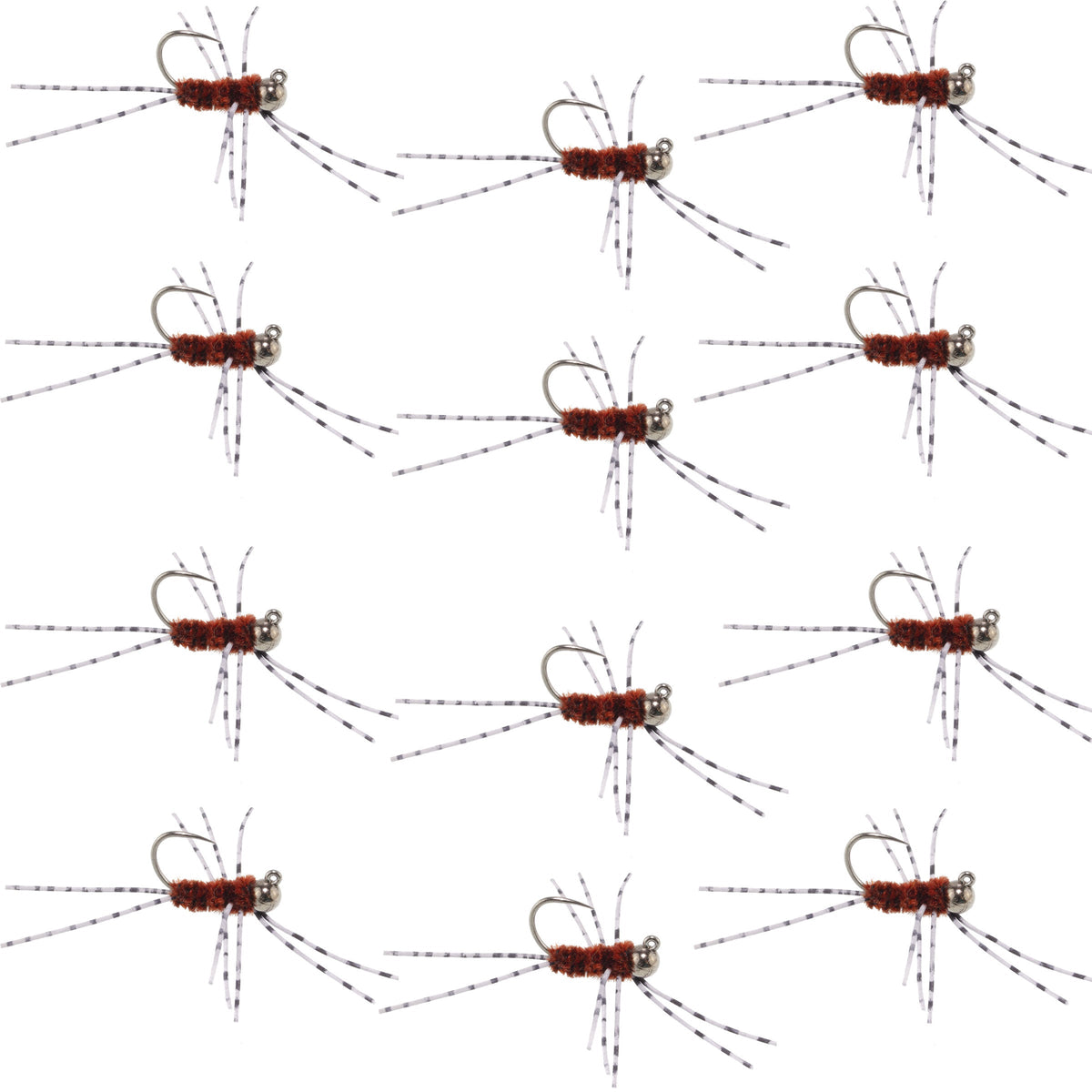 Set of 12 Barbless Pats Rubber Legs Tungsten Jig Brown Euro Nymph trout wet flies with barred rubber legs and tungsten beads for fly fishing.