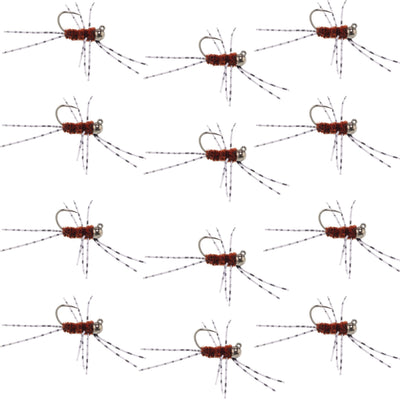 Set of 12 Barbless Pats Rubber Legs Tungsten Jig Brown Euro Nymph trout wet flies with barred rubber legs and tungsten beads for fly fishing.