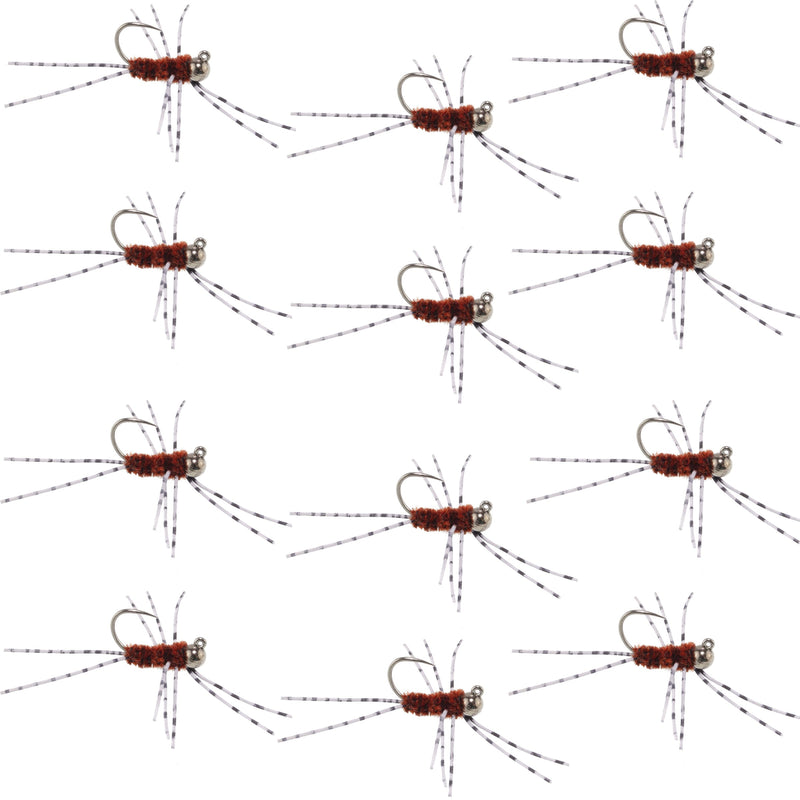 Set of 12 Barbless Pats Rubber Legs Tungsten Jig Brown Euro Nymph trout wet flies with barred rubber legs and tungsten beads for fly fishing.