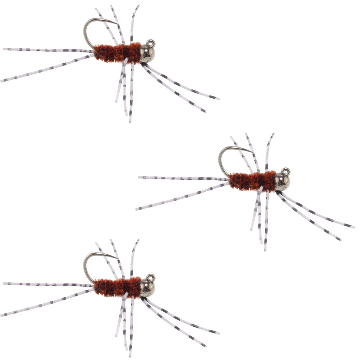 Set of three Pat's Rubber Legs tungsten jigged brown euro nymph trout wet flies with barred rubber legs and tungsten beads.